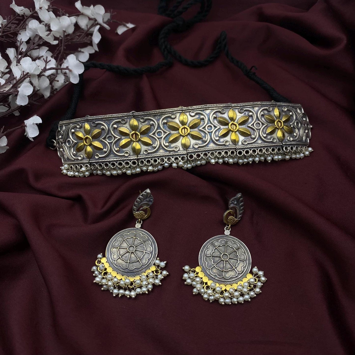 Handcrafted Oxidized Silver Choker Necklace Set | Antique Floral Design | Pearl Drop Earrings | Ethnic Jewelry by Quirky Fashions