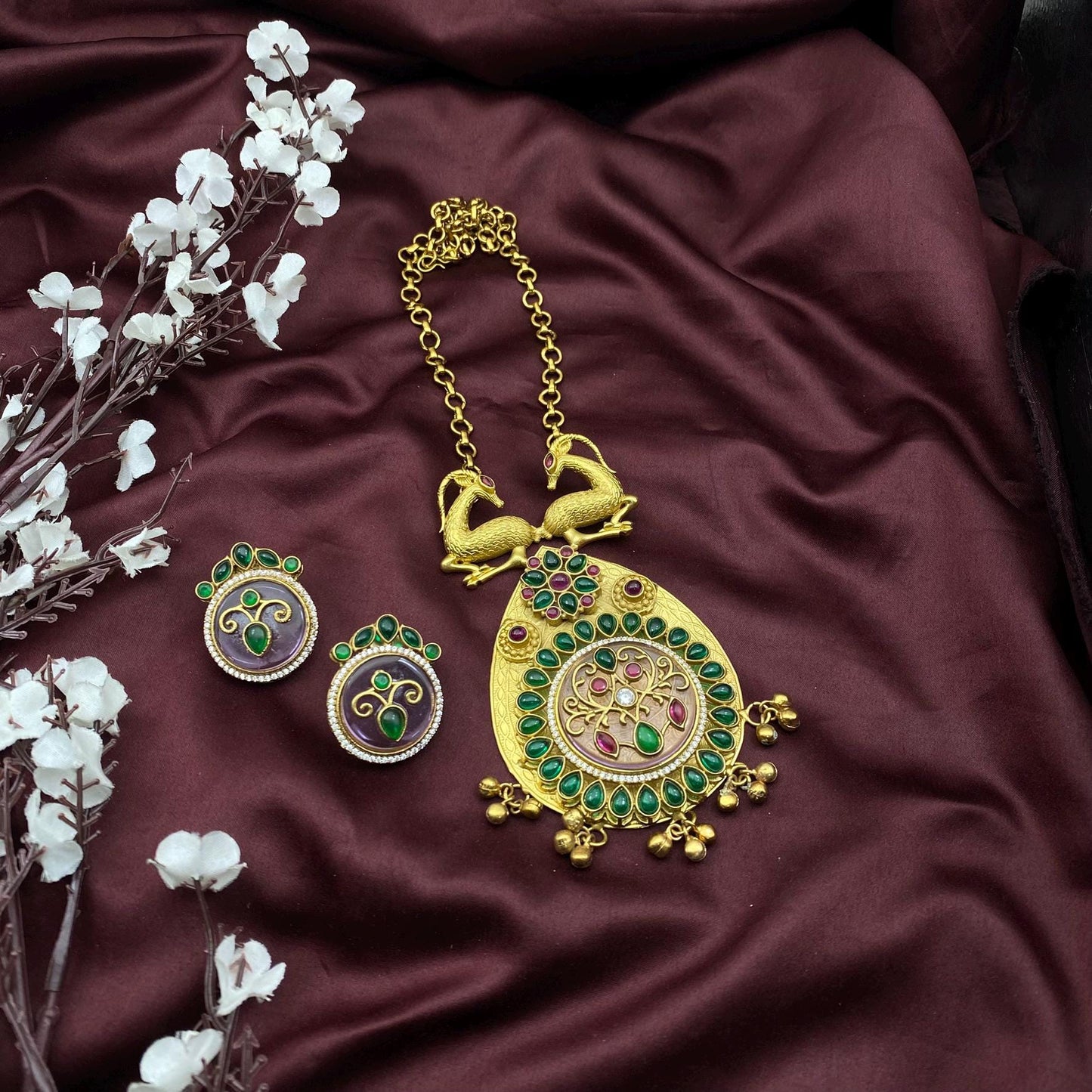 Deer Motif Temple Necklace Set with Earrings – Dual Color Options | South Indian Bridal Jewelry | Quirky Fashions