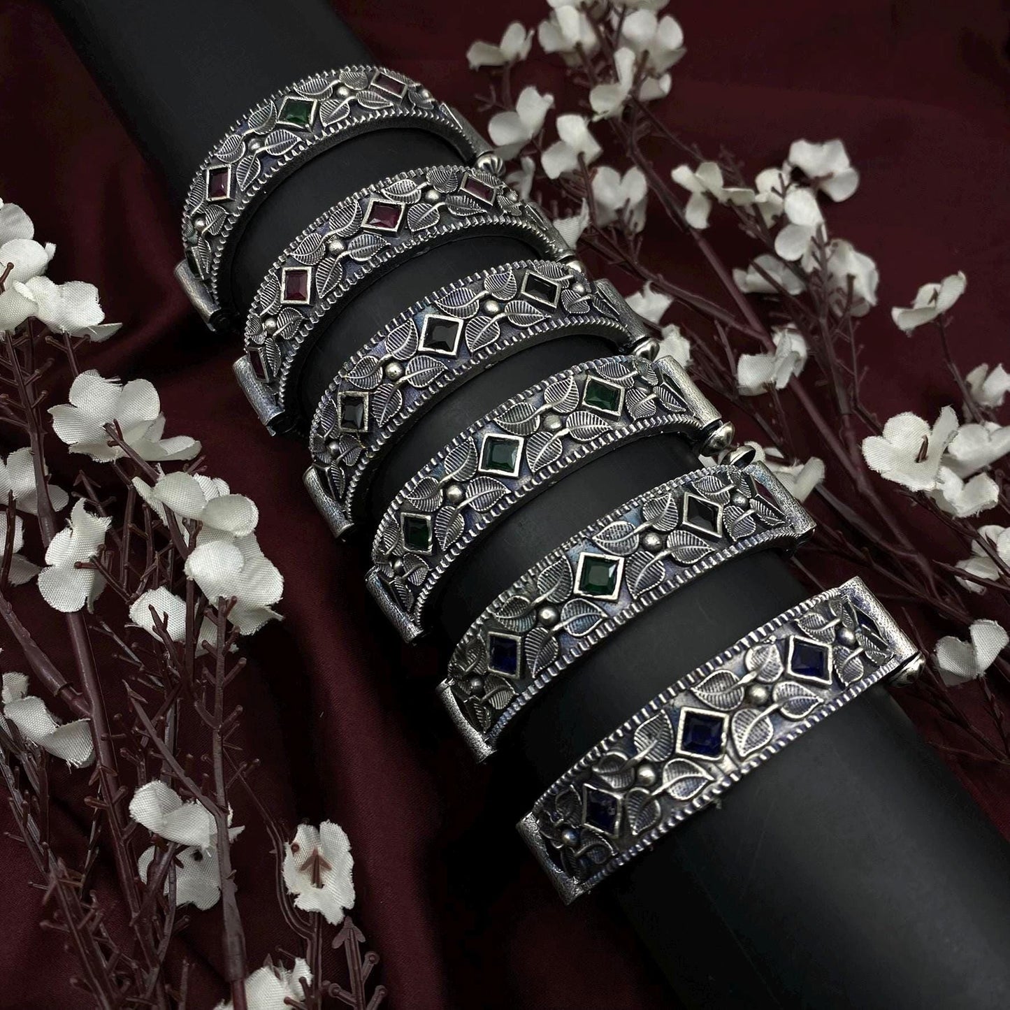 Quirky Fashions Oxidized Silver Bangles with Floral Carving – Traditional Pair in Red, Green, Blue, or Black Stone