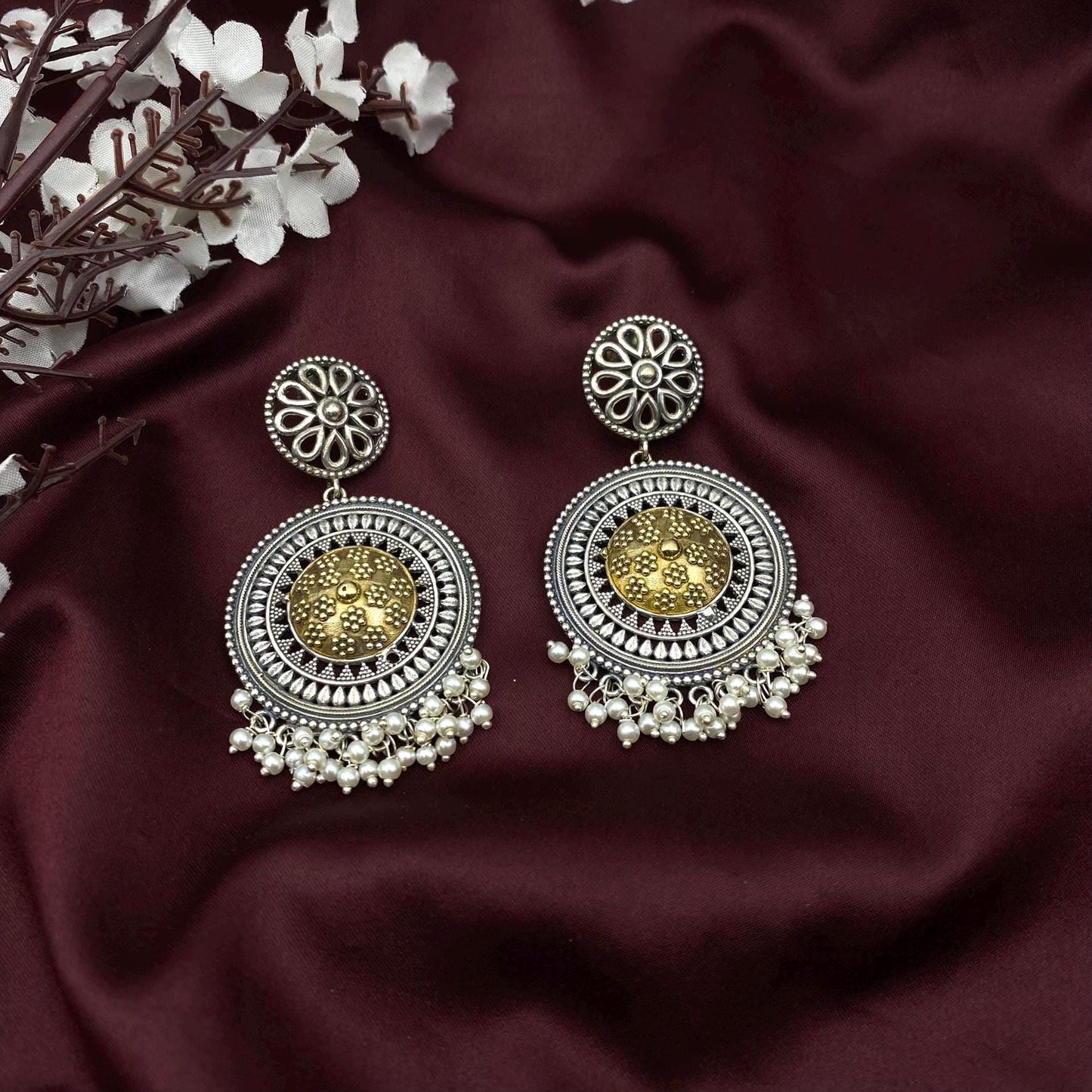 Oxidized Silver and Gold Round Dangle Earrings with Pearl Beads | Boho Indian Statement Earring | Ethnic Festival Jewelry by Quirky Fashions