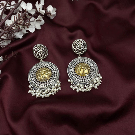 Oxidized Silver and Gold Round Dangle Earrings with Pearl Beads | Boho Indian Statement Earring | Ethnic Festival Jewelry by Quirky Fashions