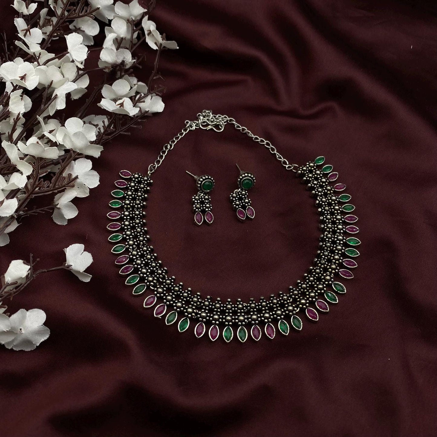 Quirky Fashions German Silver Choker Set – Traditional Kolhapuri Floral Design