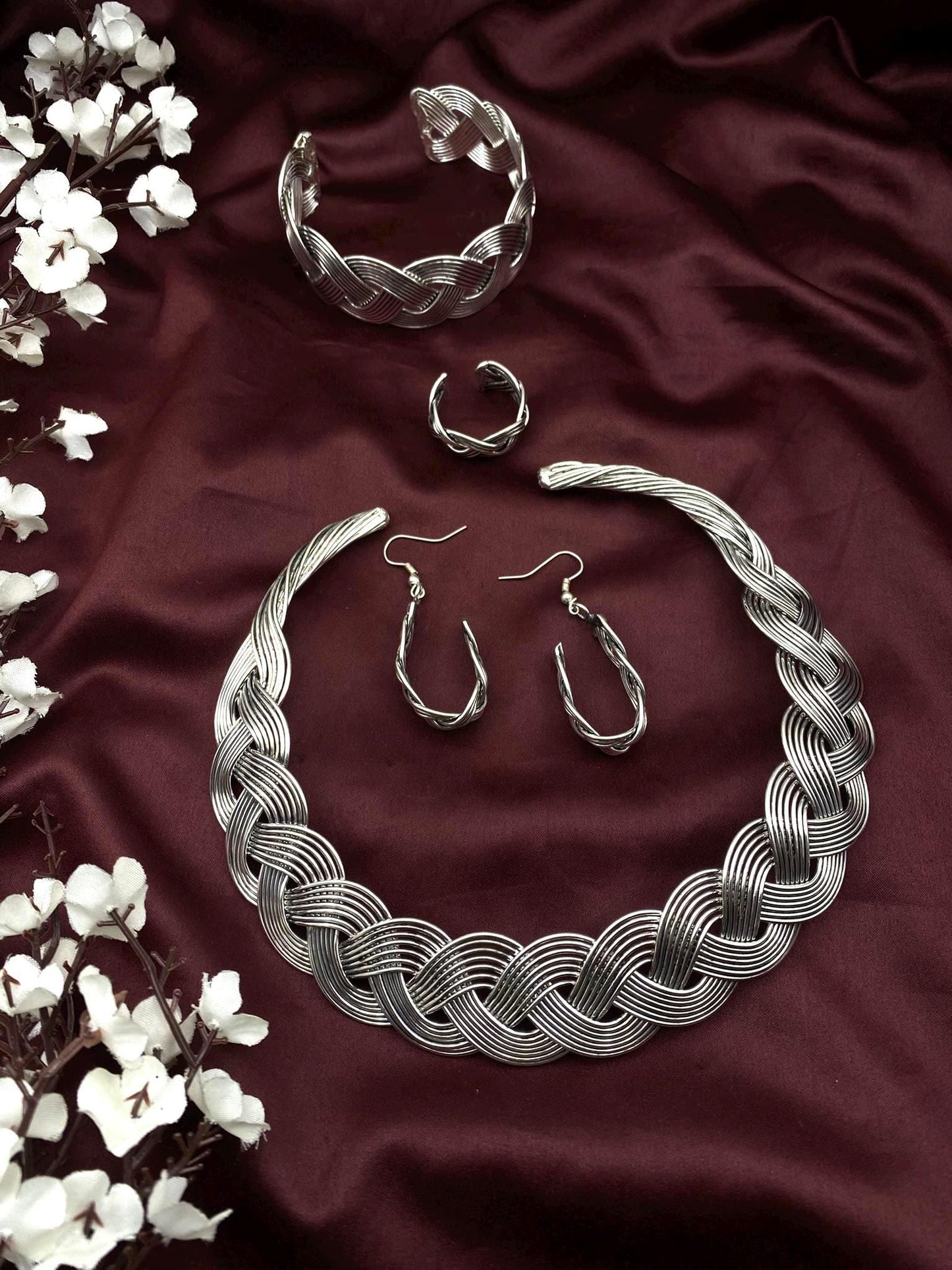 Oxidized Silver Braided Jewelry Set – Statement Necklace, Cuff Bracelet, Hoop Earrings & Ring | Boho Tribal Jewelry Set by Quirky Fashions