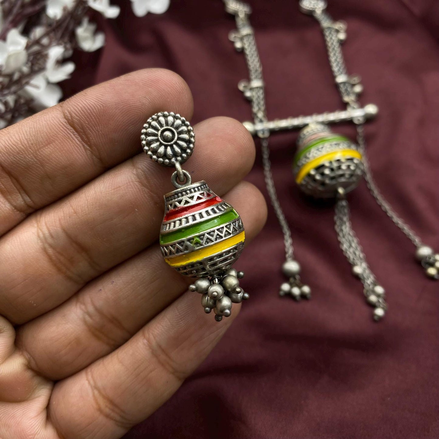Boho Tribal Oxidized Silver Necklace Set with Hand-Painted Beads | Dangler Earrings & Pendant | Indian Ethnic Jewelry by Quirky Fashions
