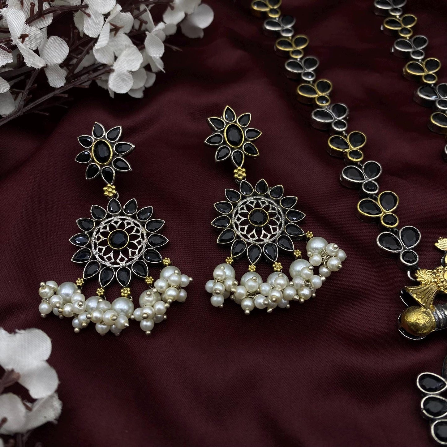 Handcrafted Oxidized Black & Gold Tribal Necklace Set with Pearl Drops | Statement Ethnic Jewelry by Quirky Fashions