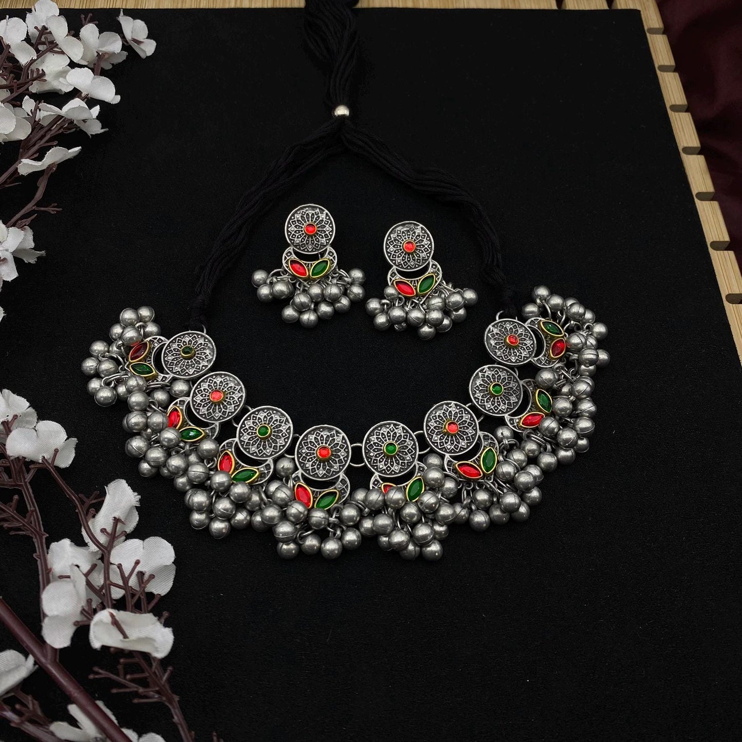 Oxidized Silver Choker Necklace Set | Tribal Statement Jewelry with Red & Green Enamel | Boho Ethnic Necklace with Earrings