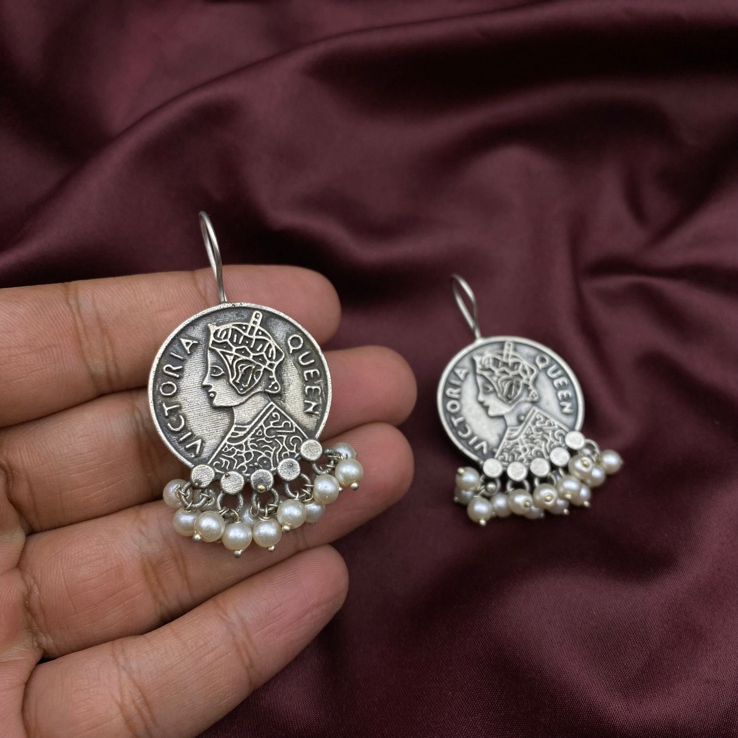 Queen Victoria Silver Oxidised Earrings Indian Jewellery Pearl Hanging Tribal Ethnic Boho Style Quirky Fashions