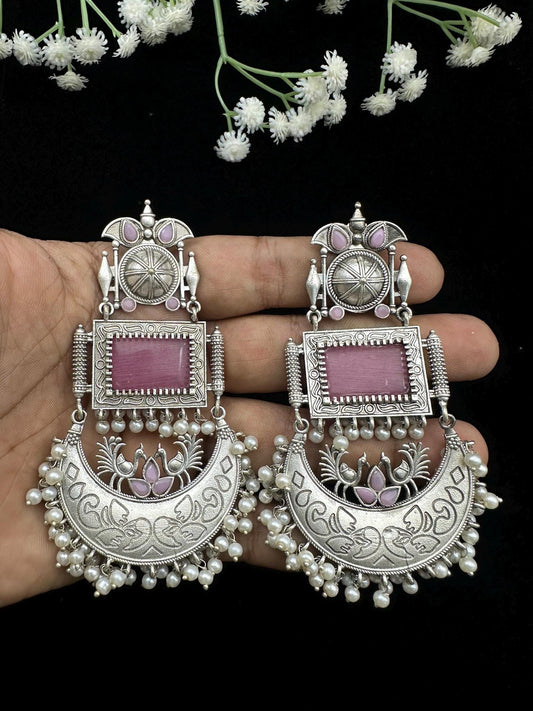Oxidized Silver Dangle Earrings with Beads – Traditional Ethnic Design – Multiple Color Options