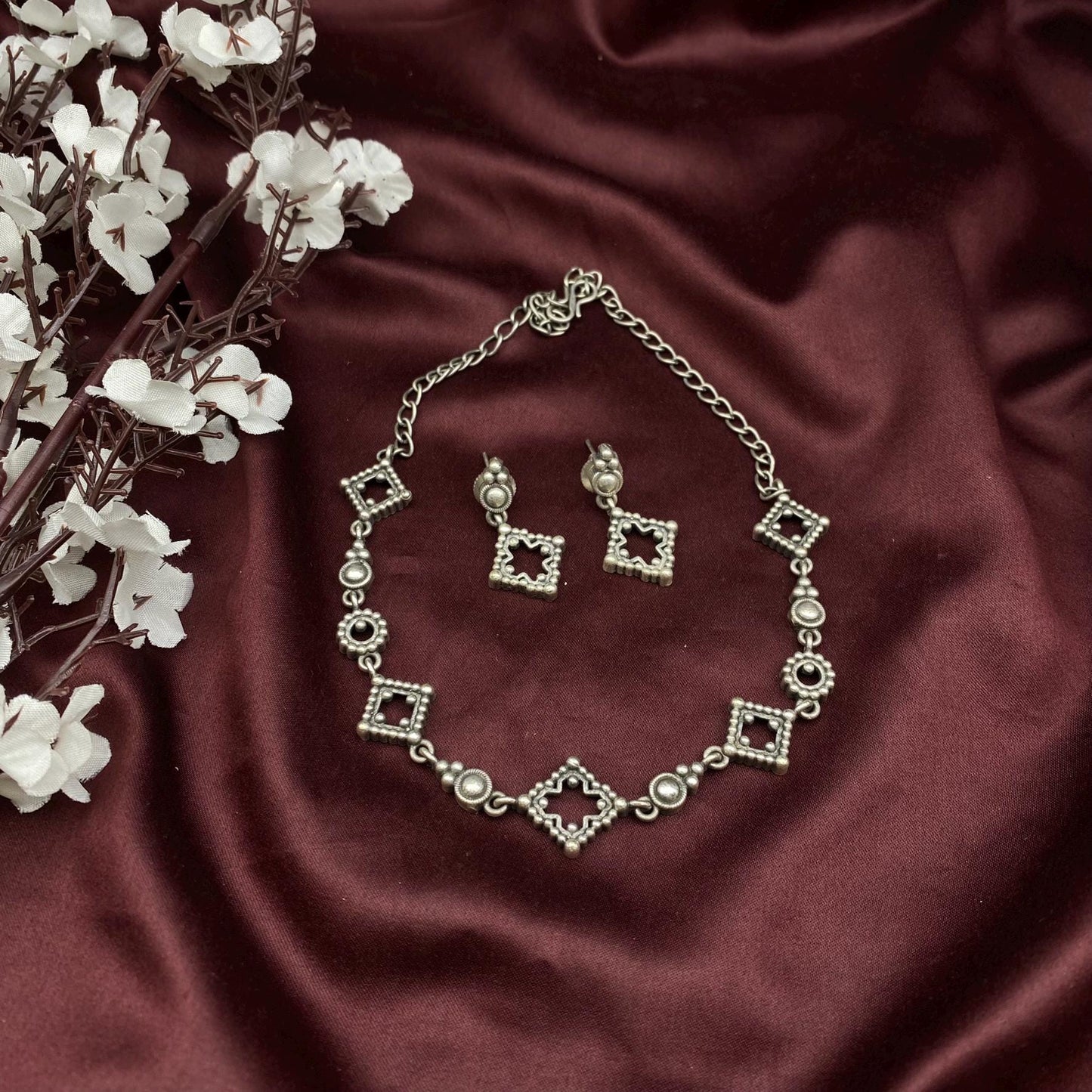 Quirky Fashions Oxidized Silver Choker Necklace Set with Matching Earrings - Antique Brass Square and Circle Motifs