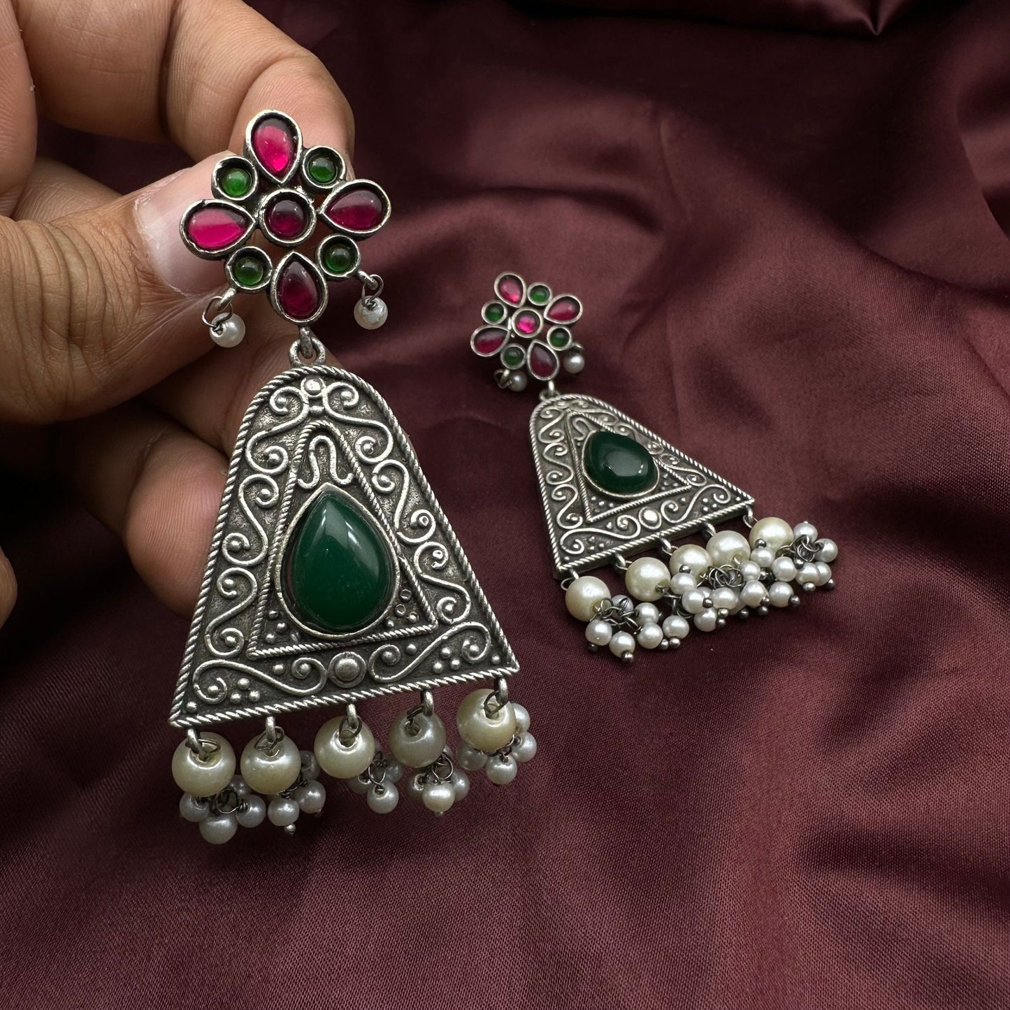 Oxidized Silver Triangle Dangle Earrings with Yellow Stone & Pearl Beads | Boho Tribal Earrings | Available in Multiple Colors