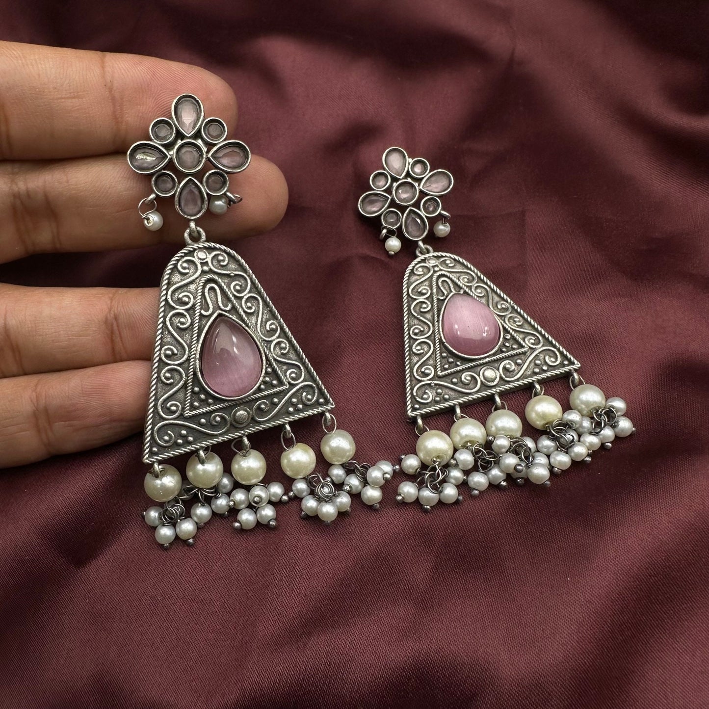 Oxidized Silver Triangle Dangle Earrings with Yellow Stone & Pearl Beads | Boho Tribal Earrings | Available in Multiple Colors