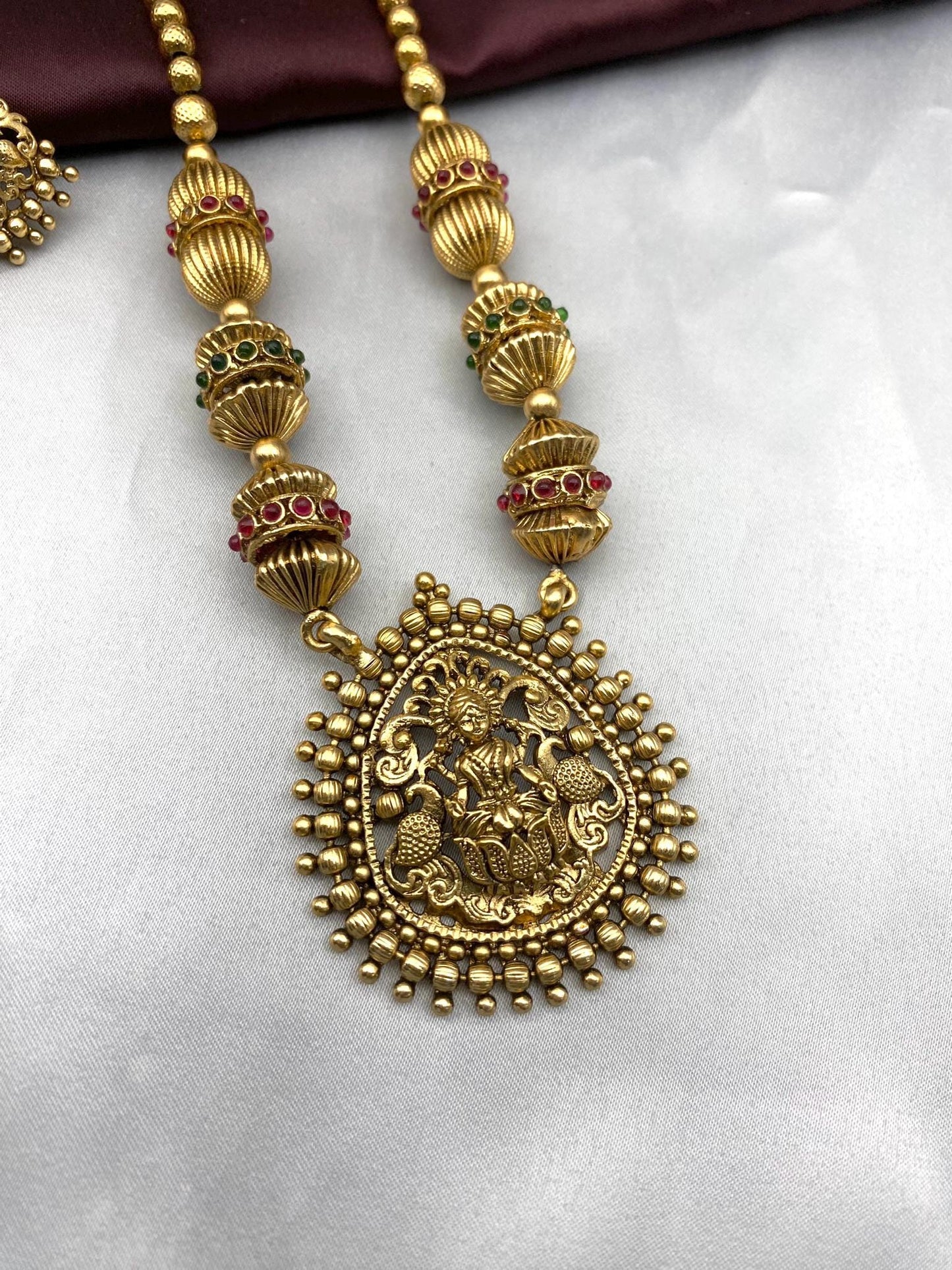 South Indian Temple Jewelry Necklace Set | Handmade Goddess Lakshmi Pendant Necklace with Earrings | Bridal Jewelry by Quirky Fashions