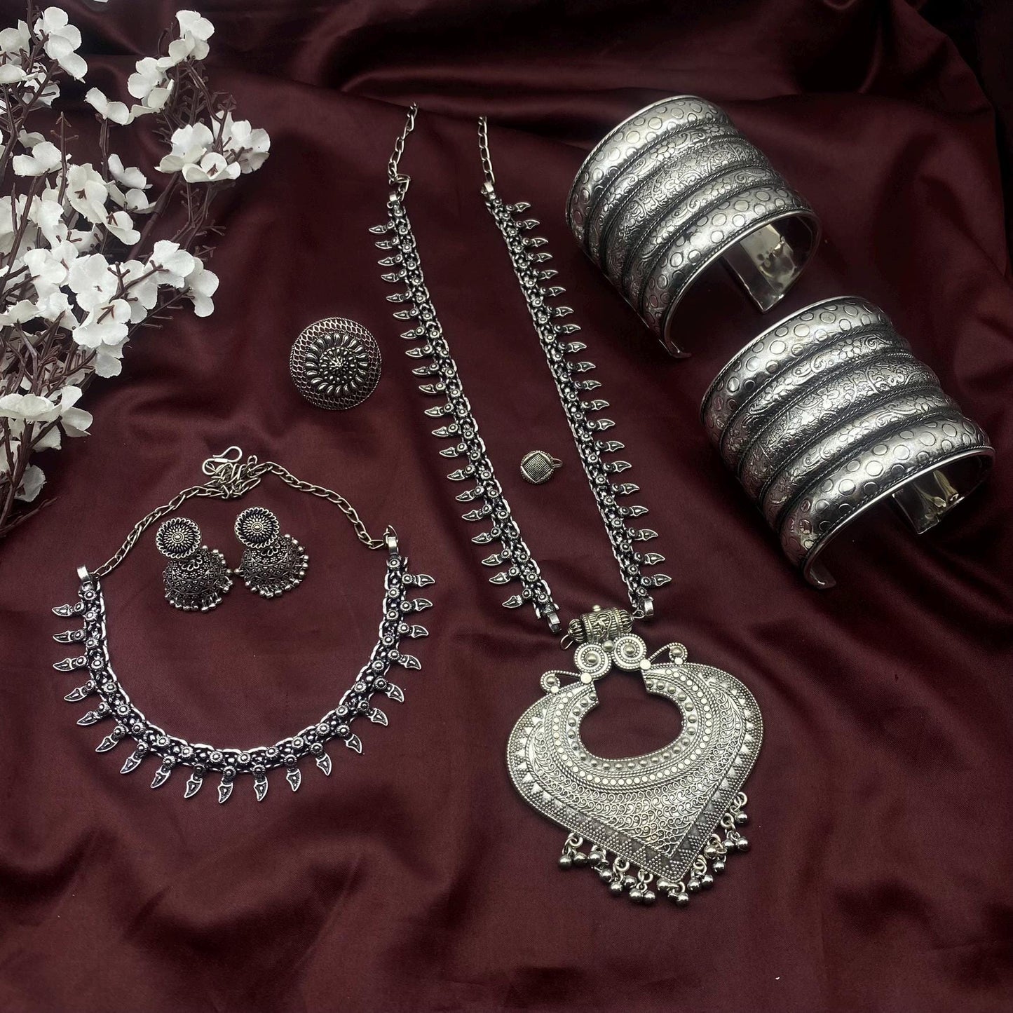 6pc Tribal set, Boho Long Necklace Set, Oxidized Jewelry Set, Ethnic Jewelry, Temple Jewelry, Gift for Xmas, Indian Jewlery Necklace Set