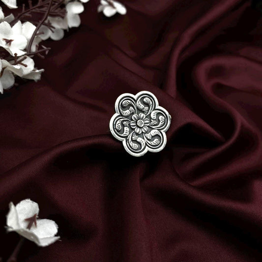 Oxidized Silver Floral Adjustable Ring – Vintage Boho Statement Ring by Quirky Fashions