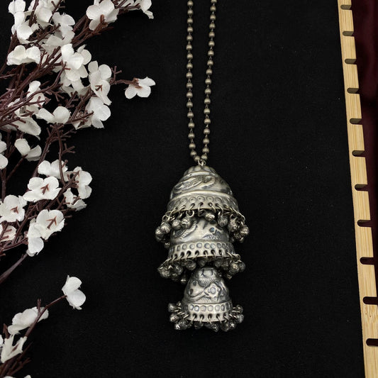 Oxidized Silver Tribal Bell Pendant Necklace | Ethnic Long Necklace | Boho Gypsy Statement Jewelry | Handmade Festival Jewelry