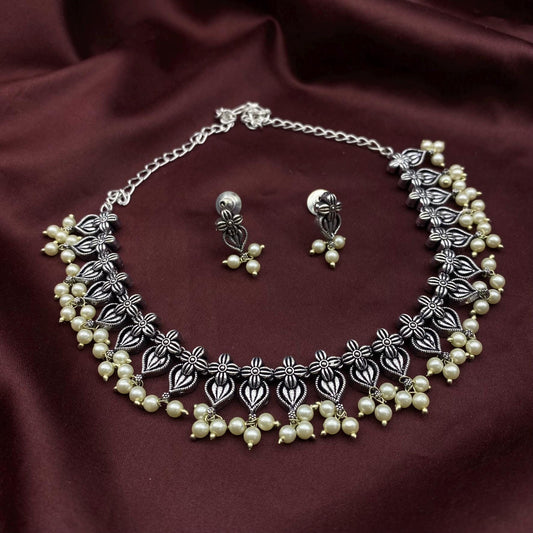 Quirky Fashions Oxidised Choker necklace floral Elegance Pearl Moti Choker Necklace Set with Matching Stud Earrings