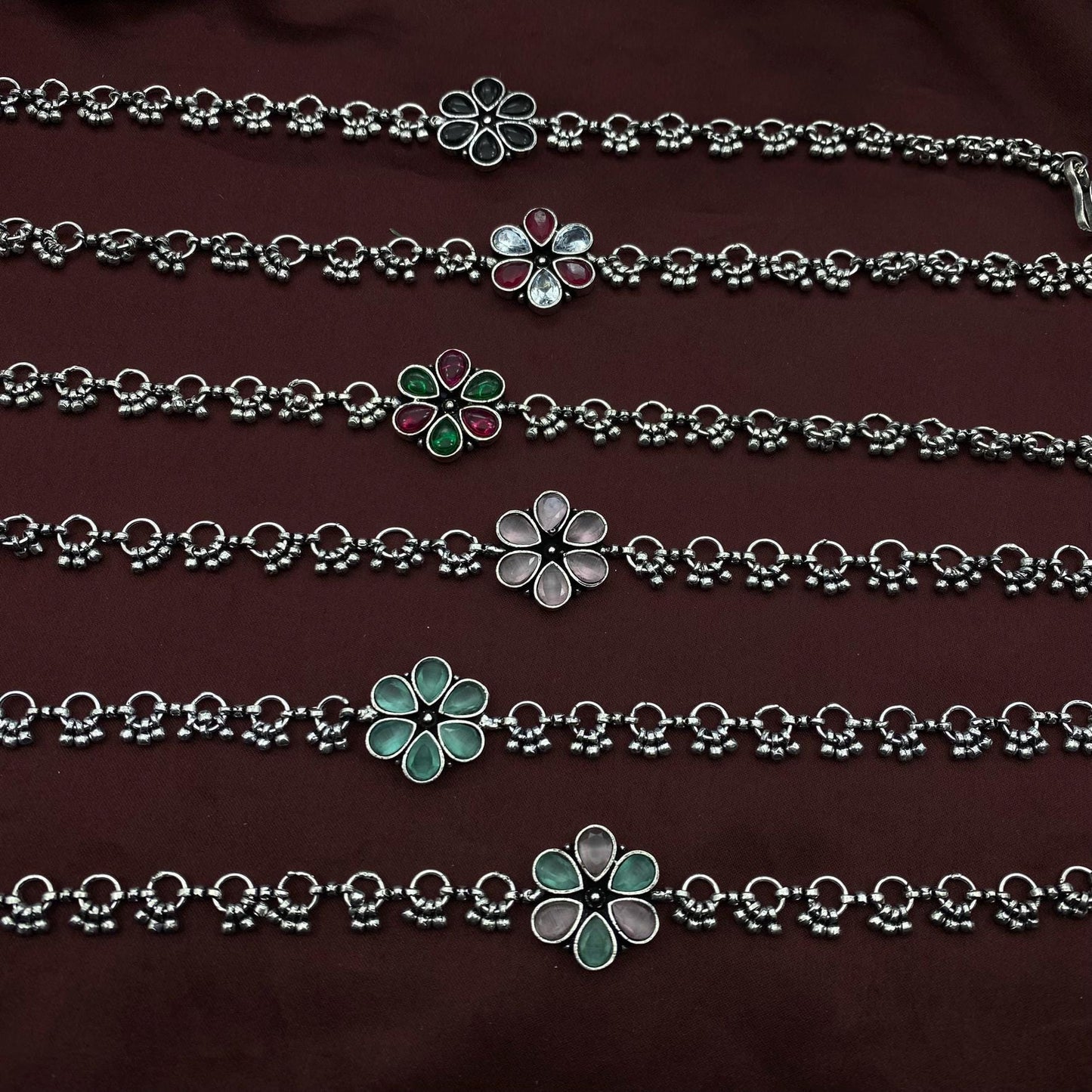 Handmade Oxidized Silver Floral Anklets with Gemstone Accents by Quirky Fashions