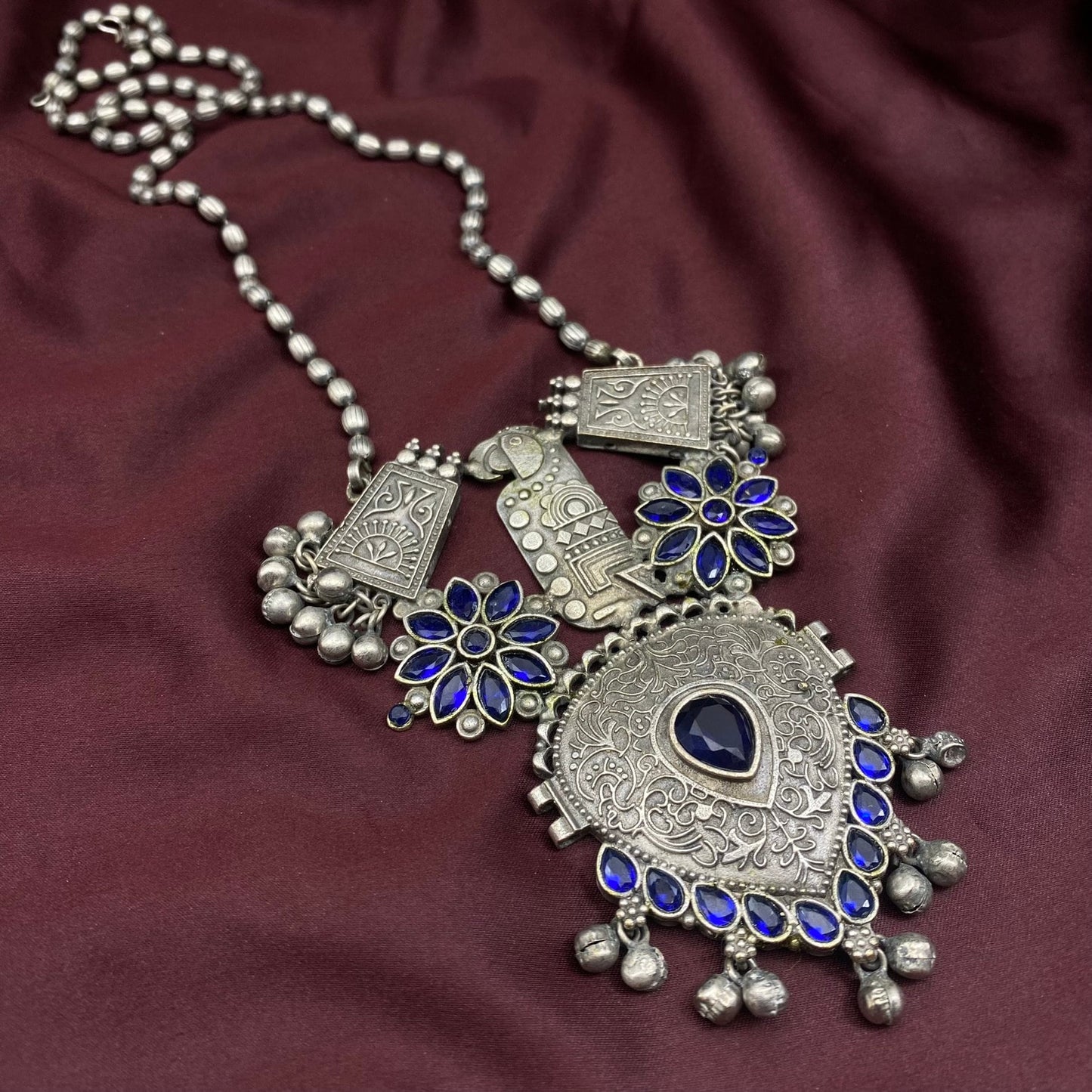 Floral Fusion Statement Oxidised Antique Silver Jewelry Tribal Ethnic Handmade Vintage Ghungroo Necklace Temple Jewelry South Indian Jewelry