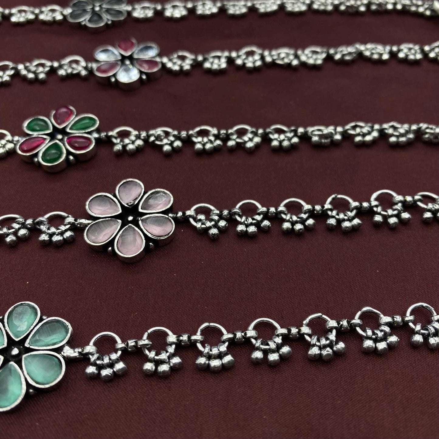 Handmade Oxidized Silver Floral Anklets with Gemstone Accents by Quirky Fashions
