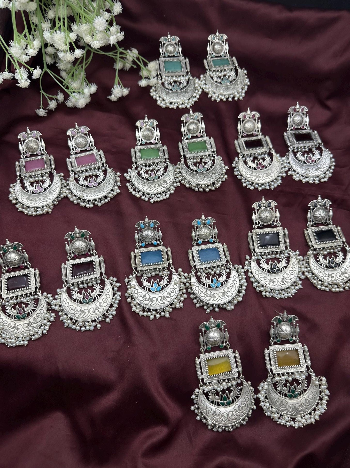 Oxidized Silver Dangle Earrings with Beads – Traditional Ethnic Design – Multiple Color Options