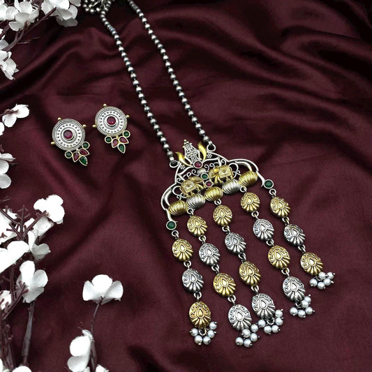 Handmade Temple Jewelry Long Necklace Set | Oxidized Silver-Gold Pendant with Pearls | Ethnic Bharatanatyam Necklace & Earrings