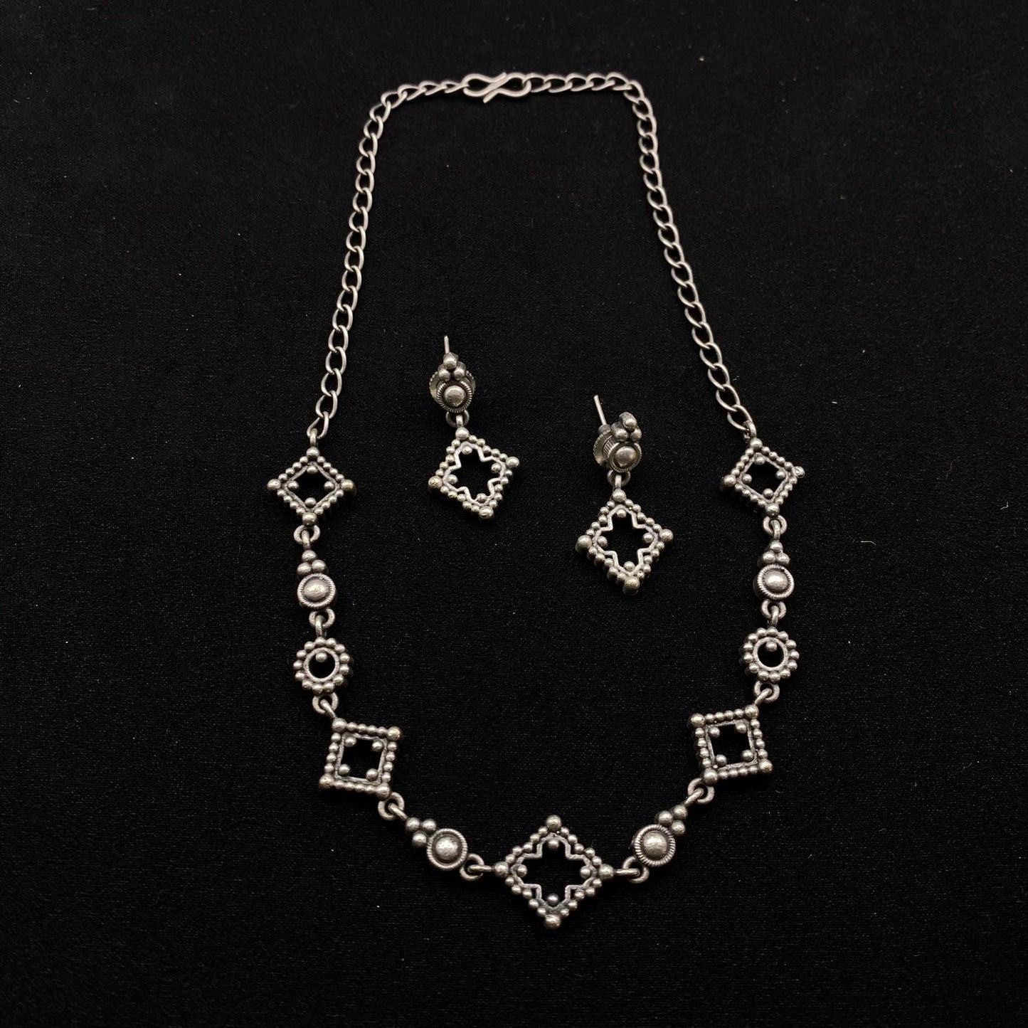 Quirky Fashions Oxidized Silver Choker Necklace Set with Matching Earrings - Antique Brass Square and Circle Motifs