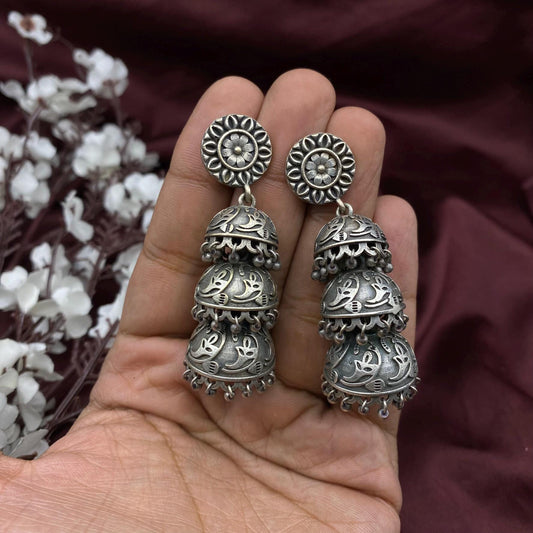 Quirky Fashions Oxidized Silver Triple Jhumka Earrings – Boho Vintage Dangle Earrings for Women