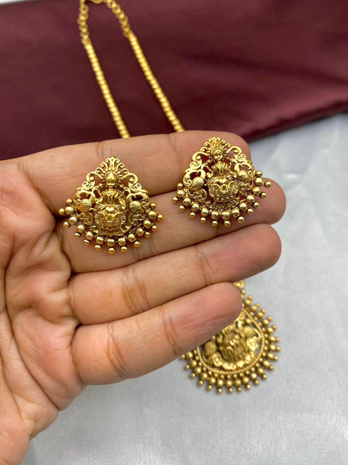 South Indian Temple Jewelry Necklace Set | Handmade Goddess Lakshmi Pendant Necklace with Earrings | Bridal Jewelry by Quirky Fashions