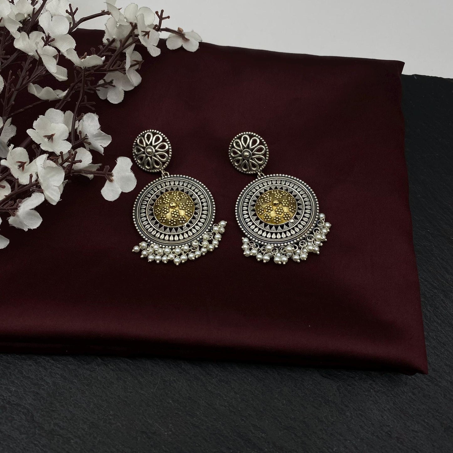 Oxidized Silver and Gold Round Dangle Earrings with Pearl Beads | Boho Indian Statement Earring | Ethnic Festival Jewelry by Quirky Fashions