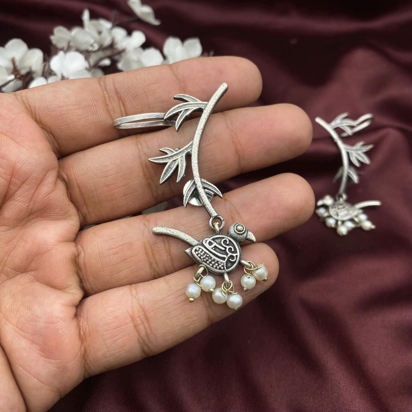 Oxidized Silver Bird Dangle Earrings | Nature-Inspired Bamboo Leaf Design | Handmade Indian Jewelry with Pearls | Boho Gift for Her