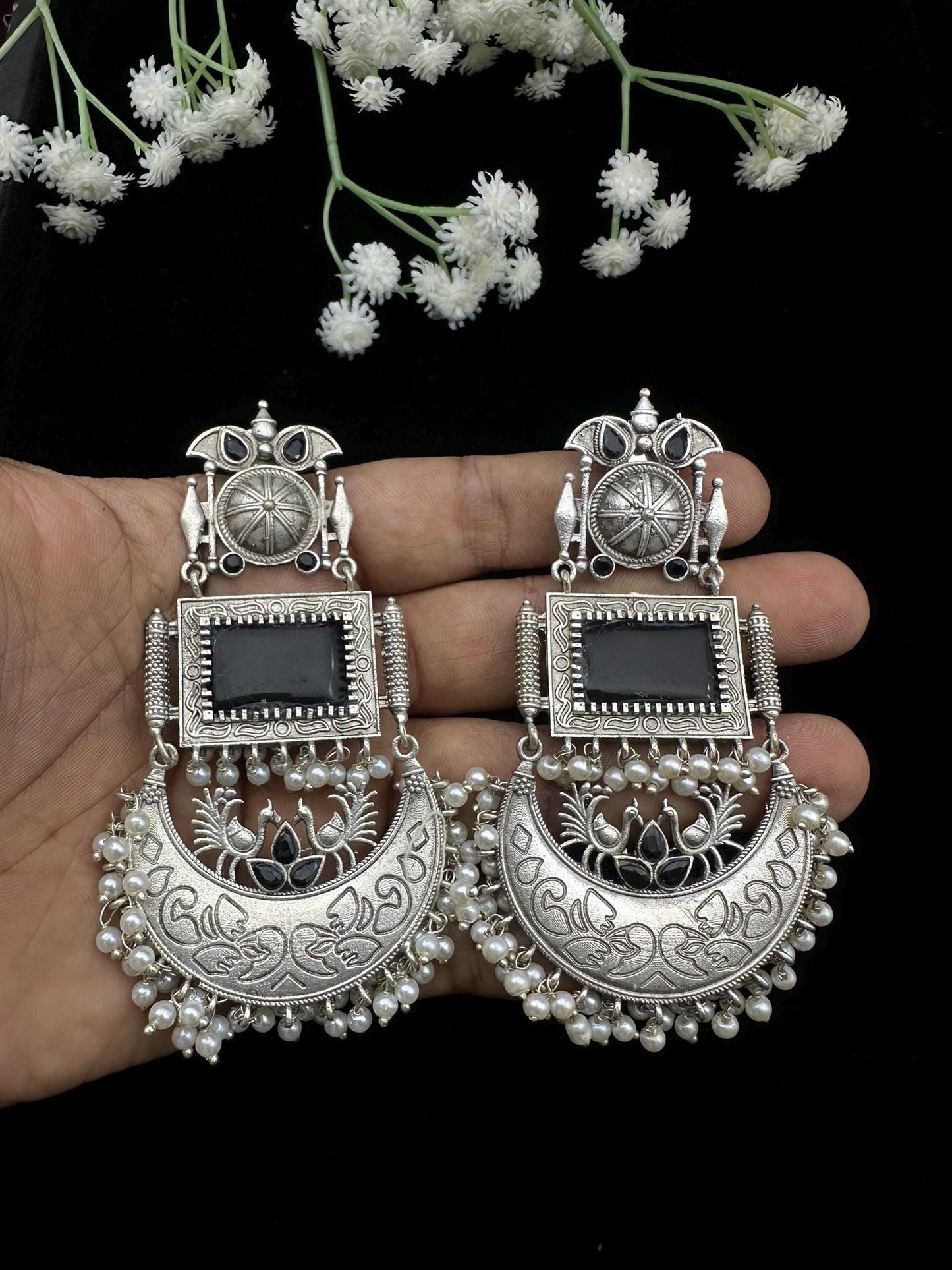 Oxidized Silver Dangle Earrings with Beads – Traditional Ethnic Design – Multiple Color Options