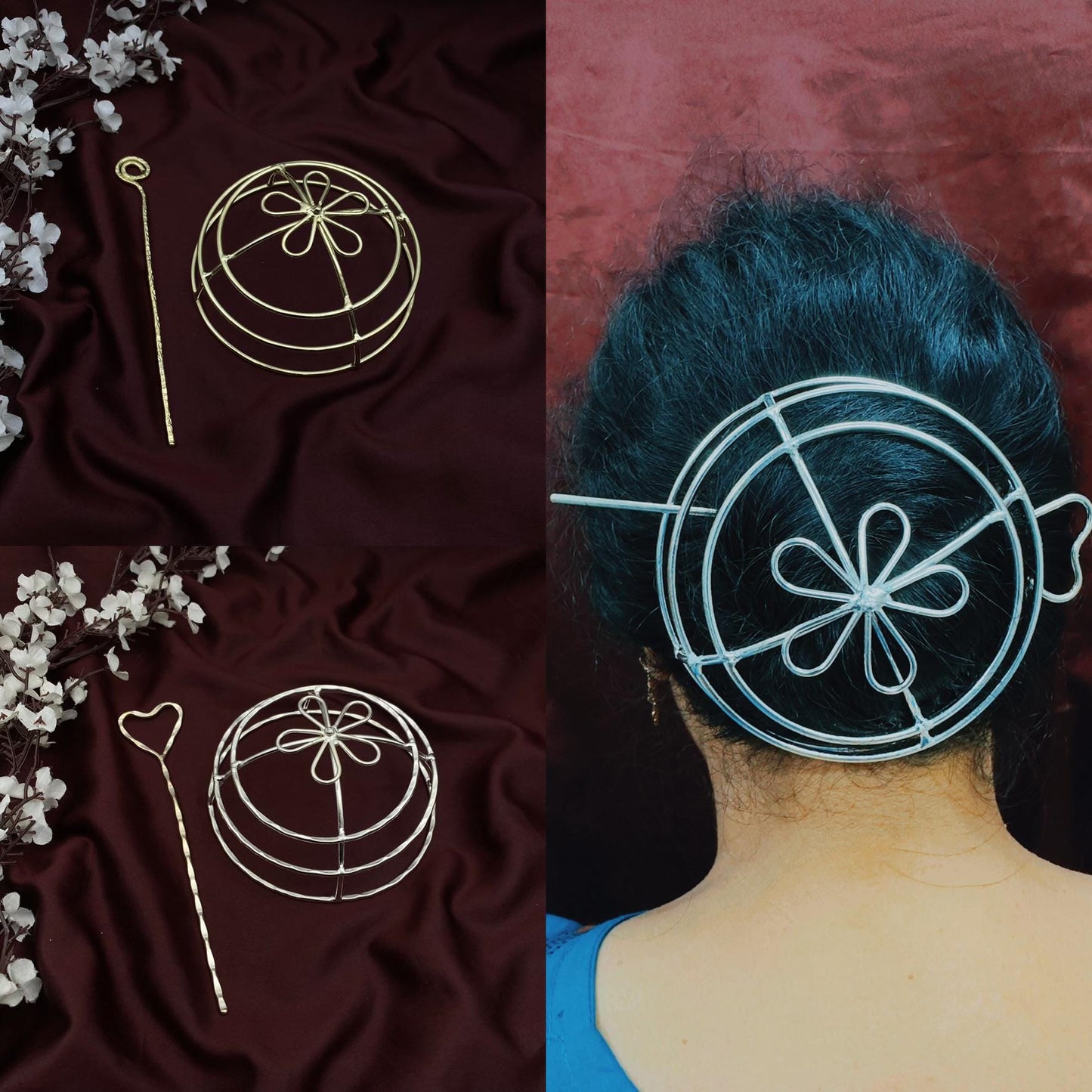 Handmade Wire Hair Bun Cage with Stick | Floral Hair Bun Holder | Minimalist Hair Accessory by Quirky Fashions