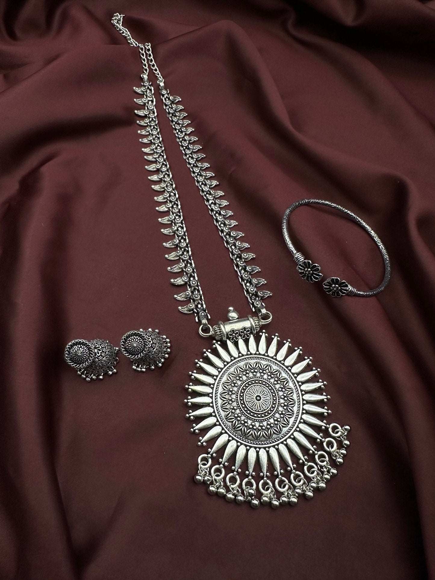 Indian Long Oxidised Jewelry Temple Jewelry with Jhumka Earrings & 1 pc German Silver Adjustable Kada Bangle