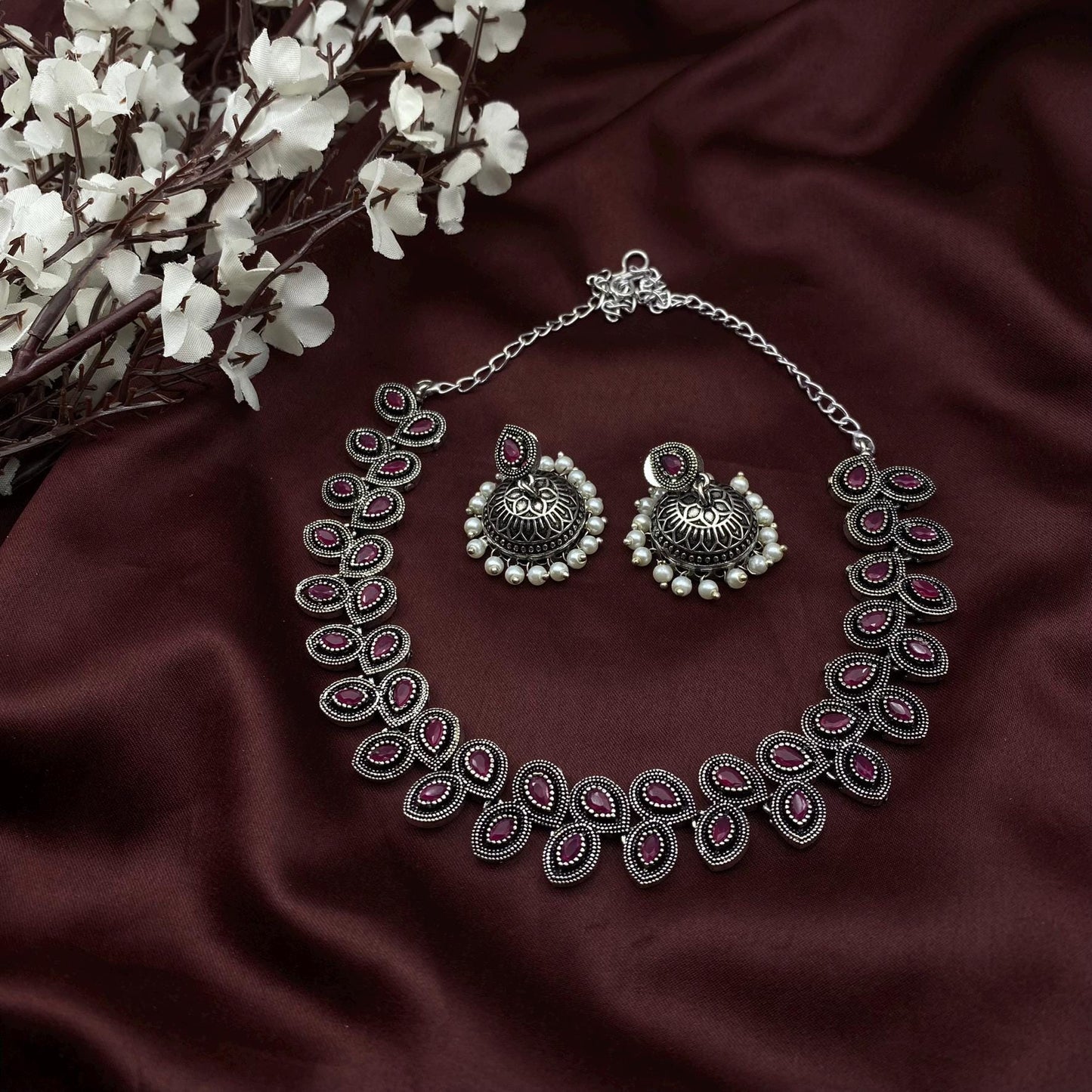 Oxidized Silver stone Choker Necklace with Matching Jhumka Earrings – Elegant Ethnic Jewelry by Quirky Fashions