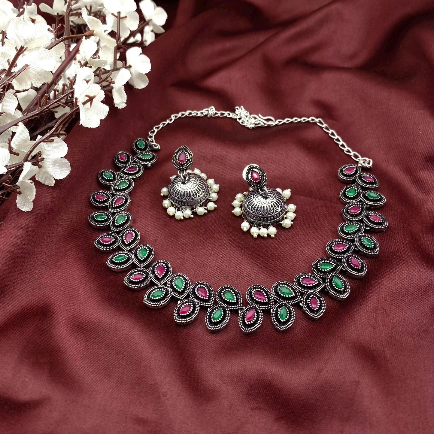 Oxidized Silver stone Choker Necklace with Matching Jhumka Earrings – Elegant Ethnic Jewelry by Quirky Fashions