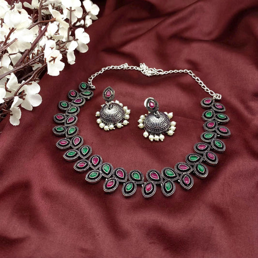 Oxidized Silver stone Choker Necklace with Matching Jhumka Earrings – Elegant Ethnic Jewelry by Quirky Fashions