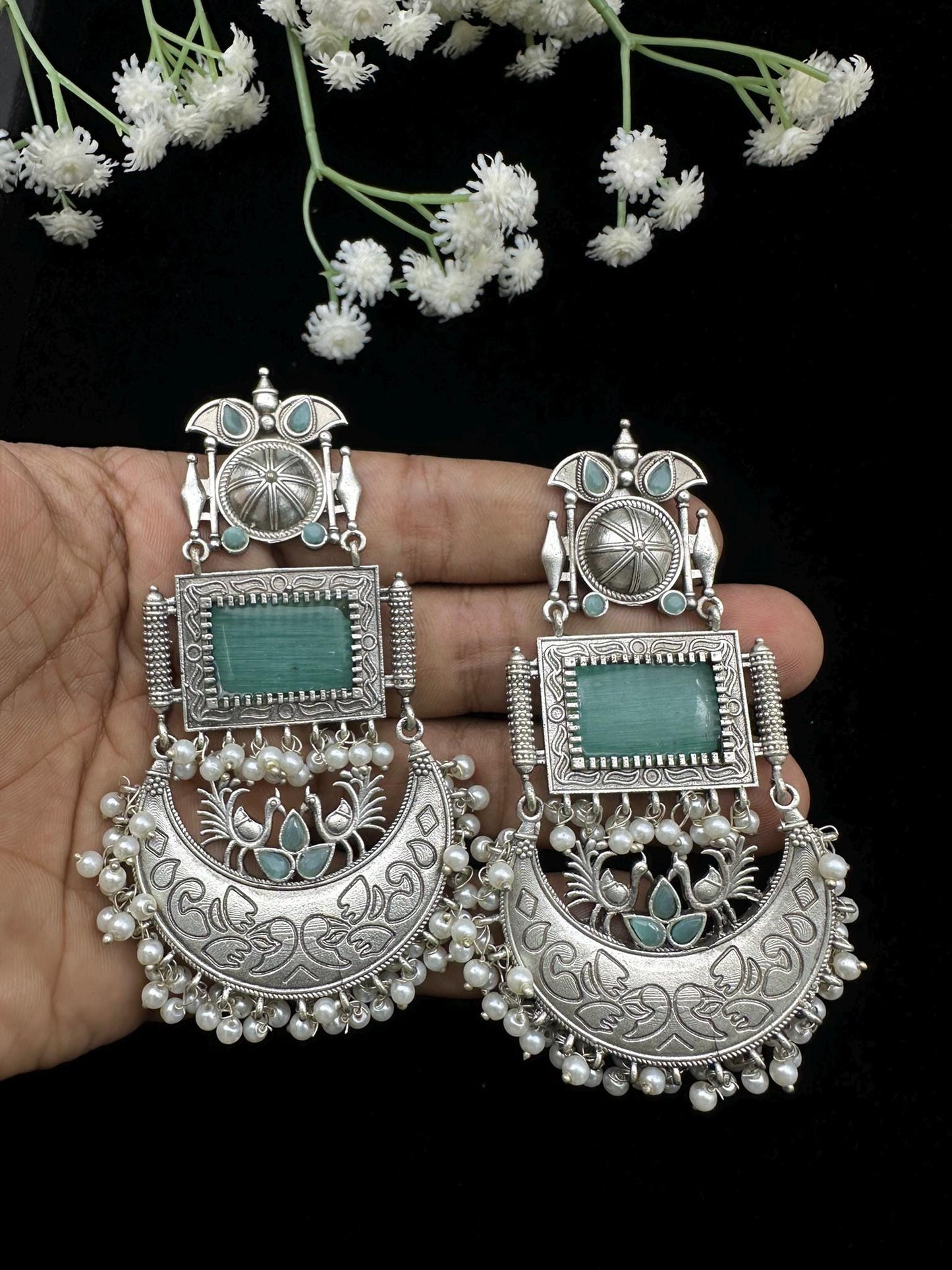 Oxidized Silver Dangle Earrings with Beads – Traditional Ethnic Design – Multiple Color Options