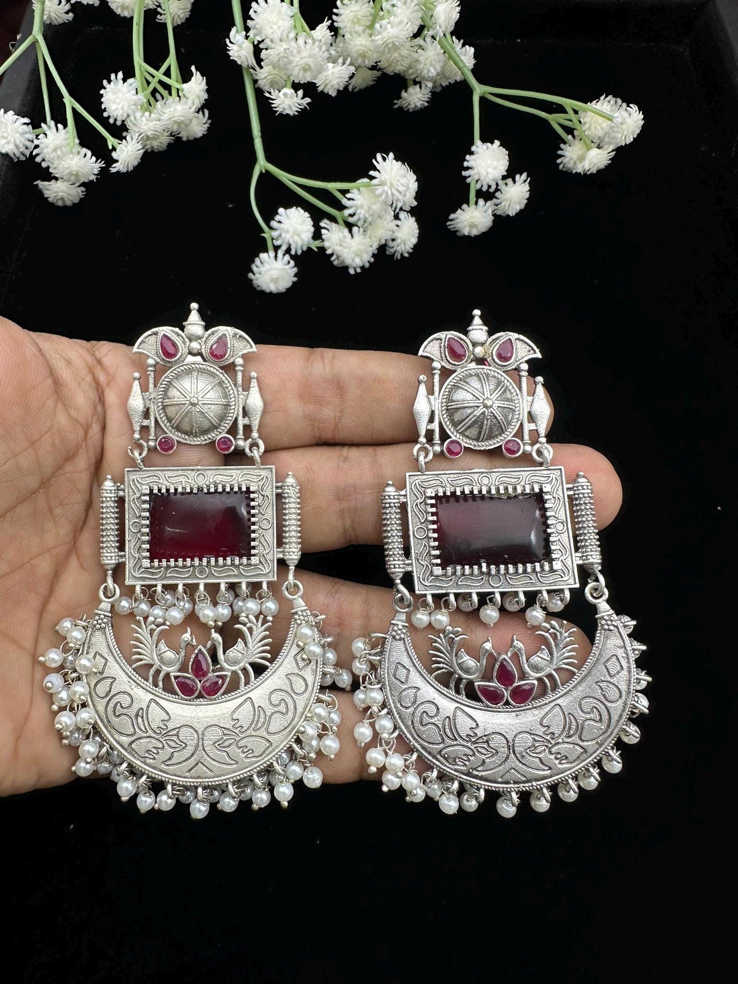 Oxidized Silver Dangle Earrings with Beads – Traditional Ethnic Design – Multiple Color Options