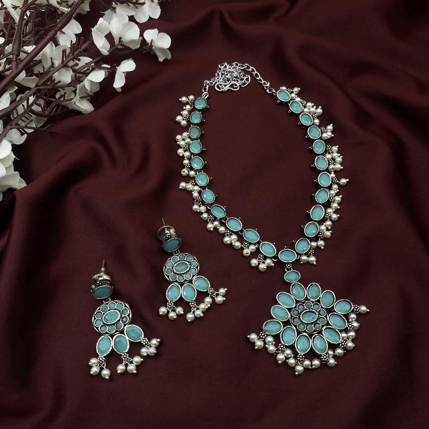 Oxidized Silver Long Necklace Set with Oval Stone & Matching Earrings – Available in 9 Vibrant Colors