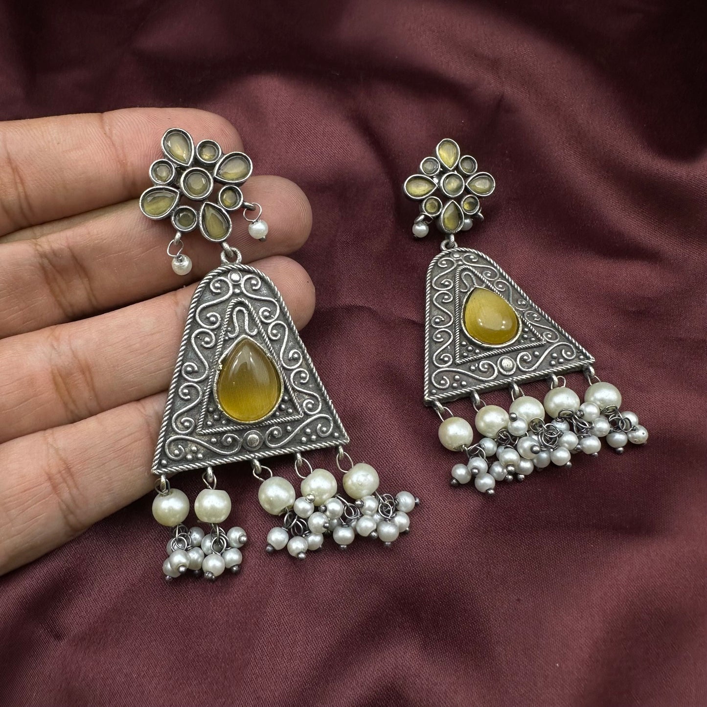Oxidized Silver Triangle Dangle Earrings with Yellow Stone & Pearl Beads | Boho Tribal Earrings | Available in Multiple Colors