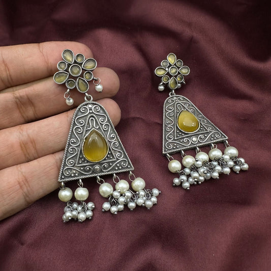 Oxidized Silver Triangle Dangle Earrings with Yellow Stone & Pearl Beads | Boho Tribal Earrings | Available in Multiple Colors