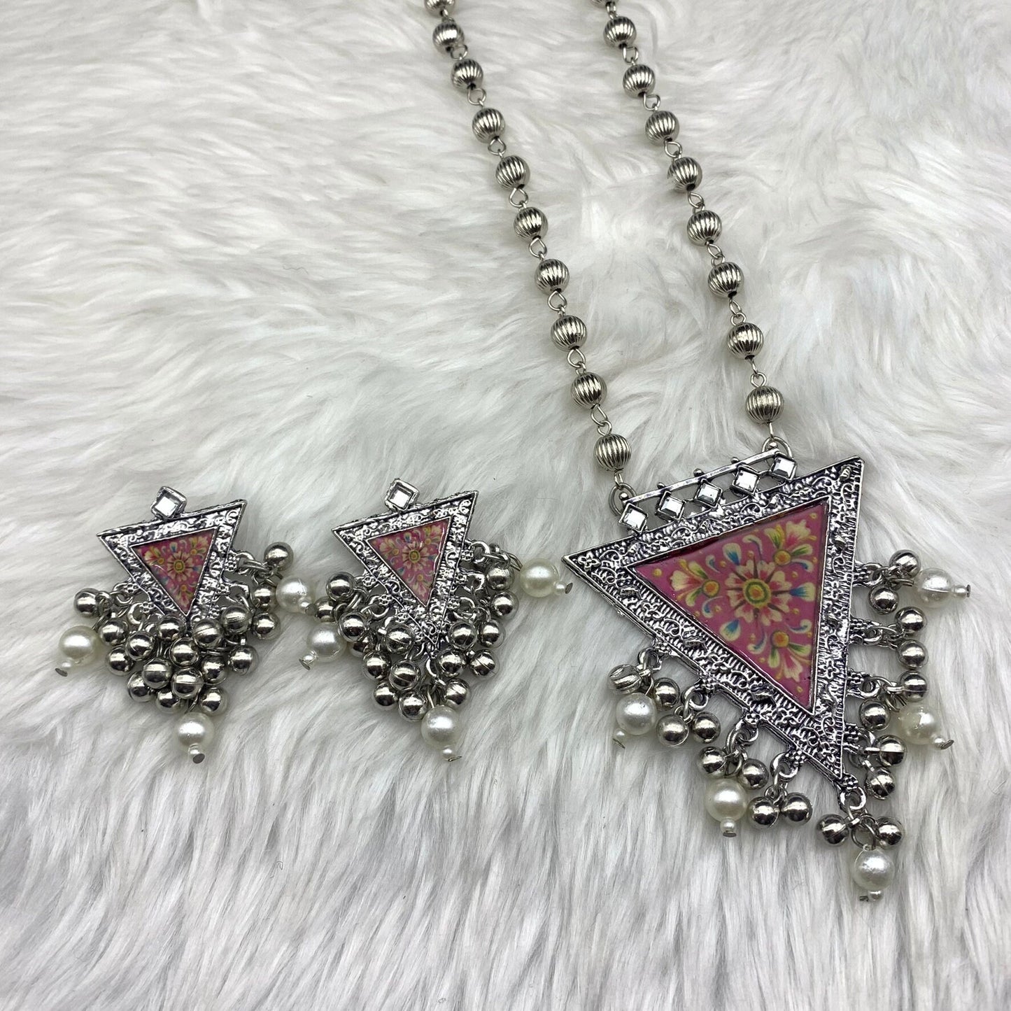 Quirky Fashions Oxidized silver Indian style ethnic wear jewelry necklace set with earrings, banjara necklace, handmade pumpkin beads chain.