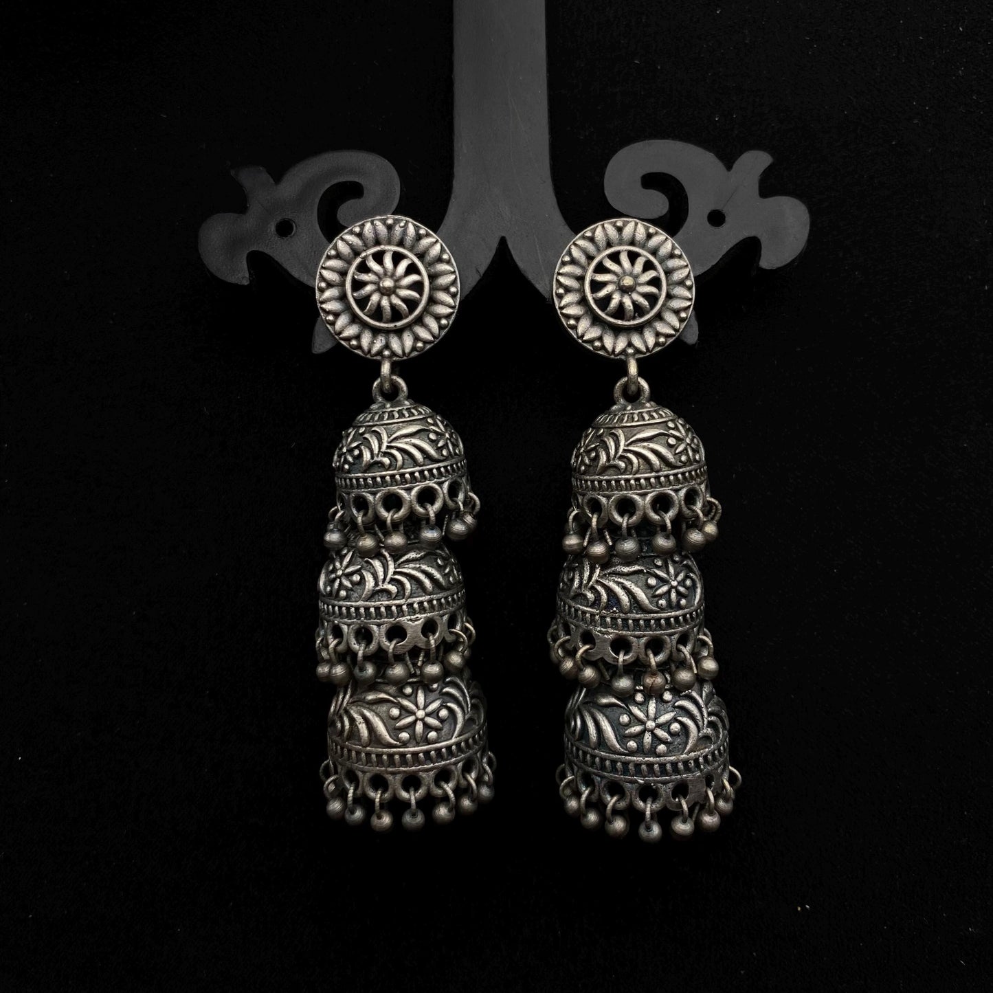 Quirky Fashions Oxidized Silver Triple Jhumka Earrings – Boho Vintage Dangle Earrings for Women