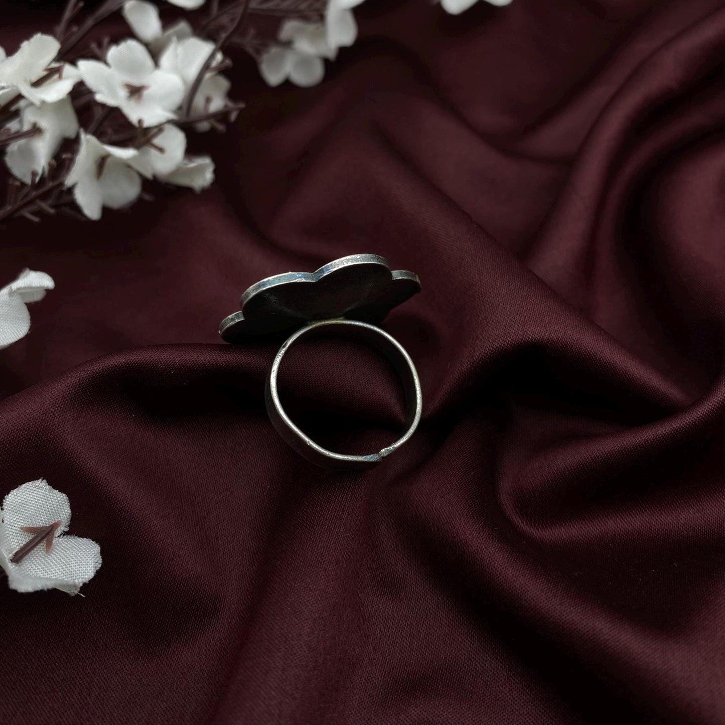 Oxidized Silver Floral Adjustable Ring – Vintage Boho Statement Ring by Quirky Fashions