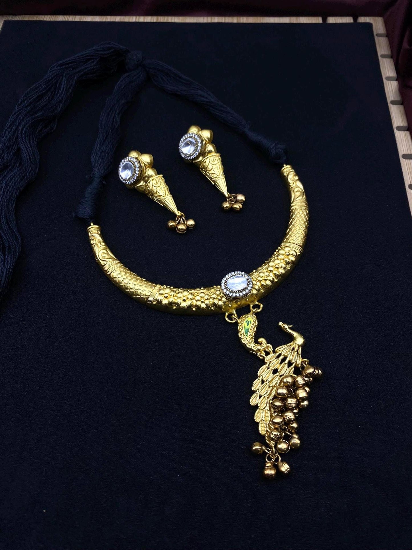 South Indian Temple Jewelry Hasli Necklace Set with Peacock Pendant & Earrings – Gold Tone Bridal Choker by Quirky Fashions