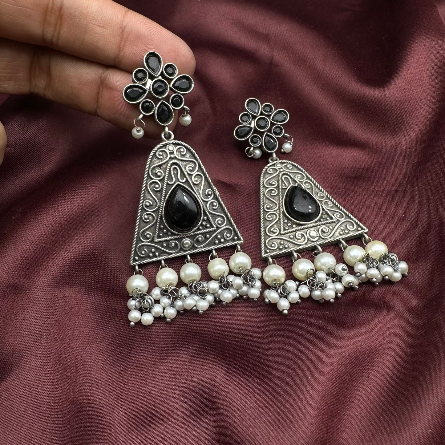 Oxidized Silver Triangle Dangle Earrings with Yellow Stone & Pearl Beads | Boho Tribal Earrings | Available in Multiple Colors