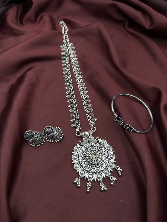 Indian Long Oxidised Jewelry Temple Jewelry with Jhumka Earrings & 1 pc German Silver Adjustable Kada Bangle