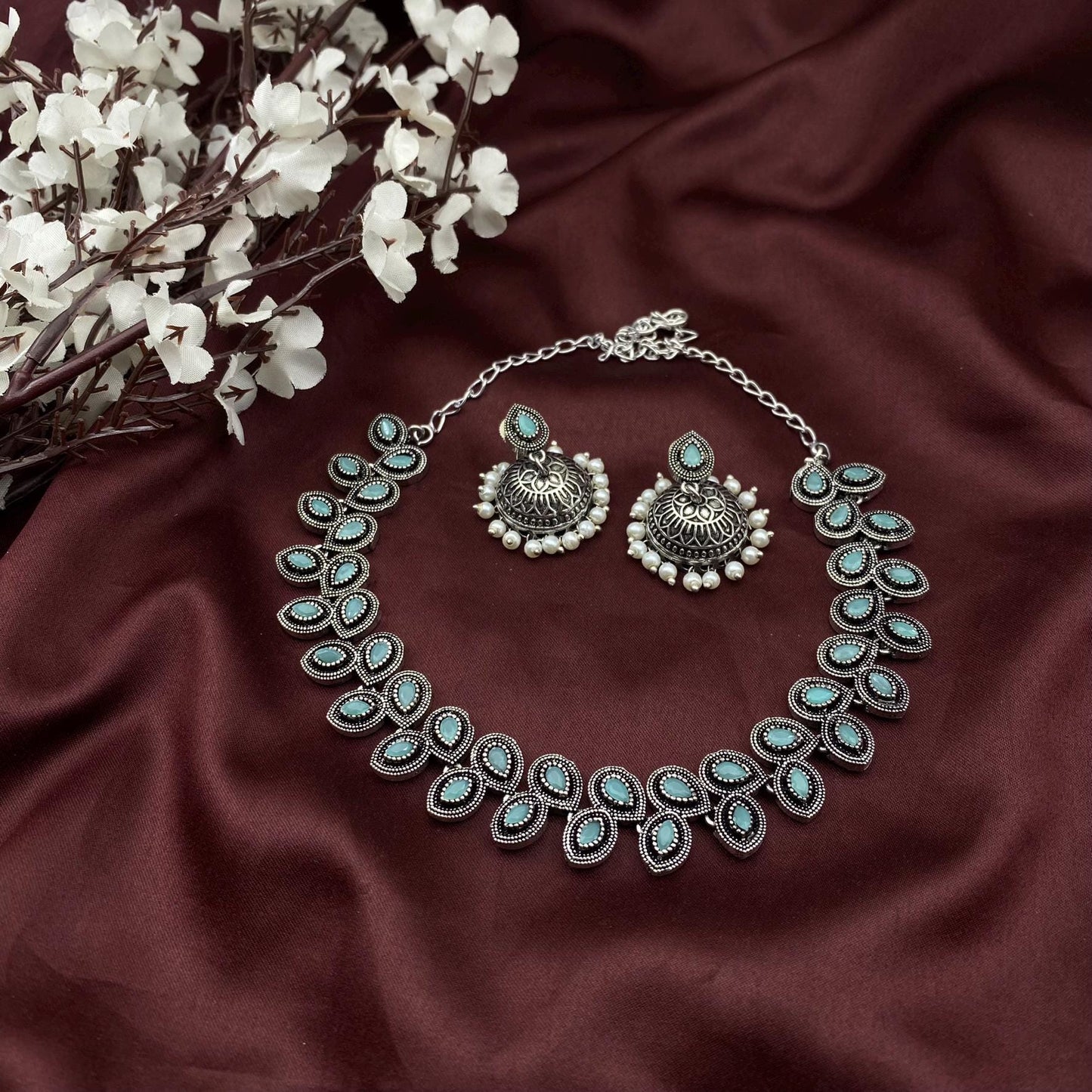 Oxidized Silver stone Choker Necklace with Matching Jhumka Earrings – Elegant Ethnic Jewelry by Quirky Fashions