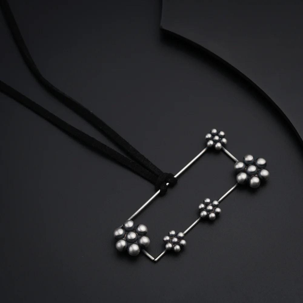 Oxidized Silver Geometric Floral Pendant Necklace Set | Handmade Tribal Jewelry with Stud Earrings