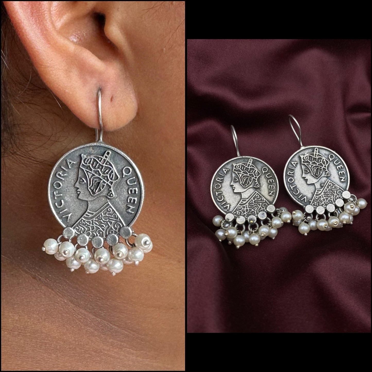 Queen Victoria Silver Oxidised Earrings Indian Jewellery Pearl Hanging Tribal Ethnic Boho Style Quirky Fashions